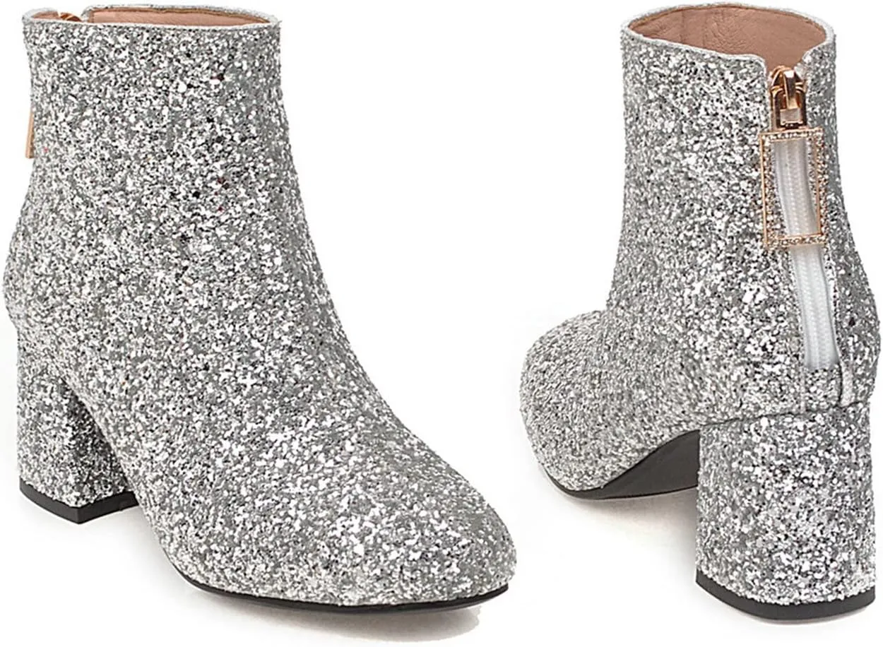 KysBloes Womens Sparkly Ankle Boots Chunky Heel Glitter Booties Closed Toe Block Heel Dress Winter Shoes