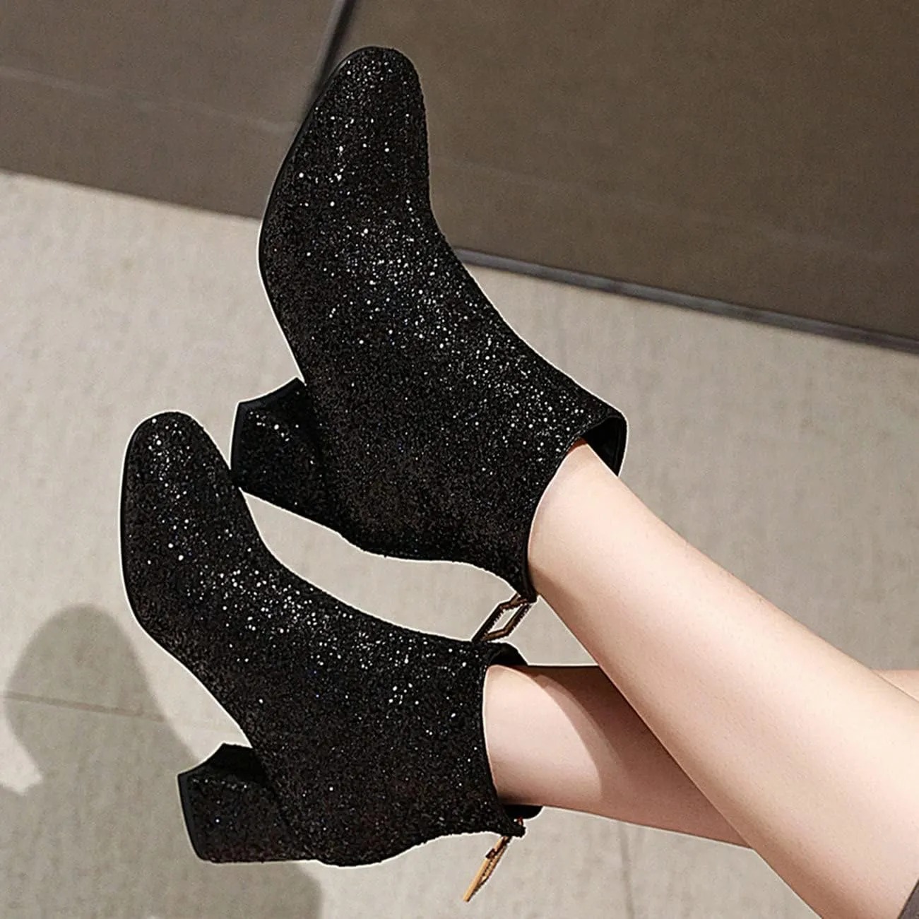 KysBloes Womens Sparkly Ankle Boots Chunky Heel Glitter Booties Closed Toe Block Heel Dress Winter Shoes
