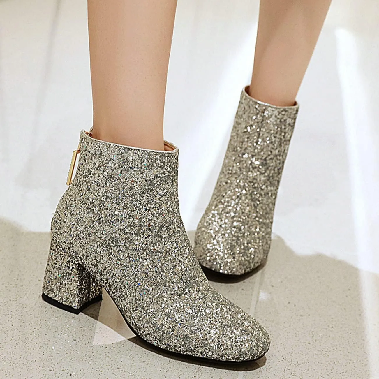 KysBloes Womens Sparkly Ankle Boots Chunky Heel Glitter Booties Closed Toe Block Heel Dress Winter Shoes