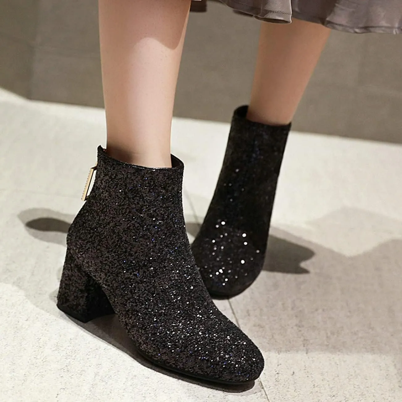 KysBloes Womens Sparkly Ankle Boots Chunky Heel Glitter Booties Closed Toe Block Heel Dress Winter Shoes
