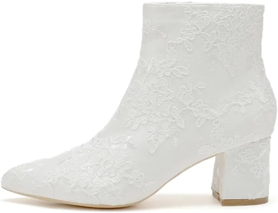 Lace Wedding Boots for Bride Block Heel Bridal Ankle Booties Wedding Heels Bride Shoes