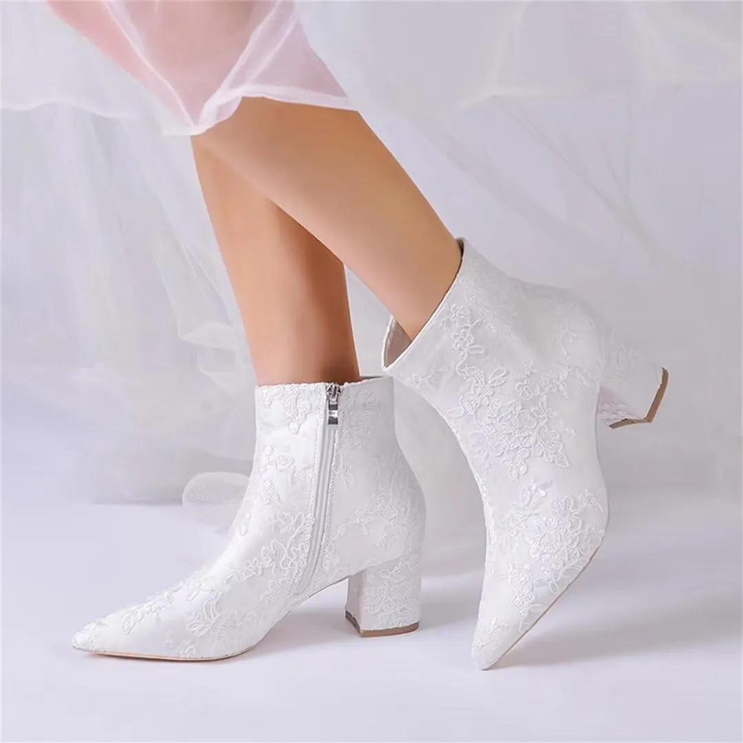 Lace Wedding Boots for Bride Block Heel Bridal Ankle Booties Wedding Heels Bride Shoes