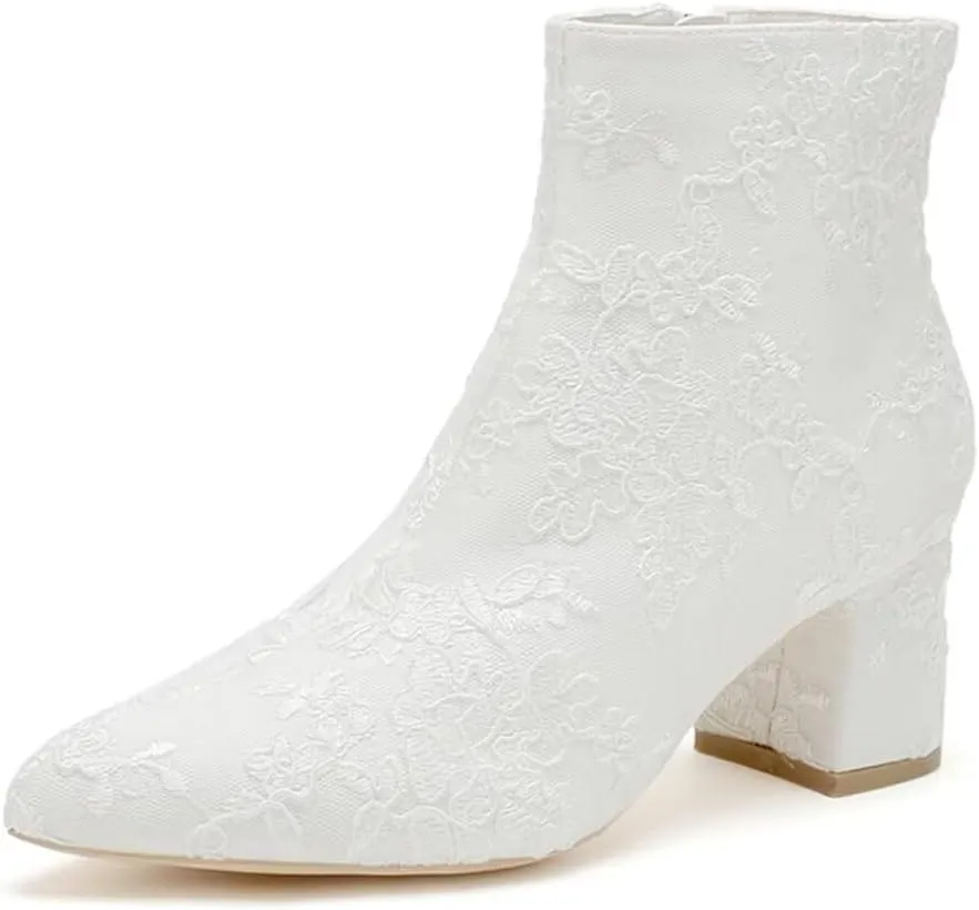 Lace Wedding Boots for Bride Block Heel Bridal Ankle Booties Wedding Heels Bride Shoes