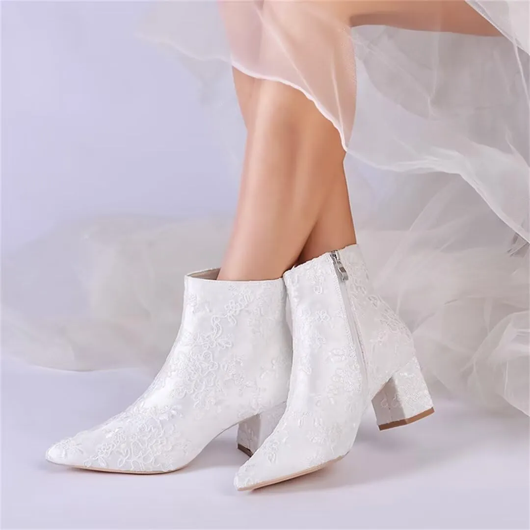 Lace Wedding Boots for Bride Block Heel Bridal Ankle Booties Wedding Heels Bride Shoes