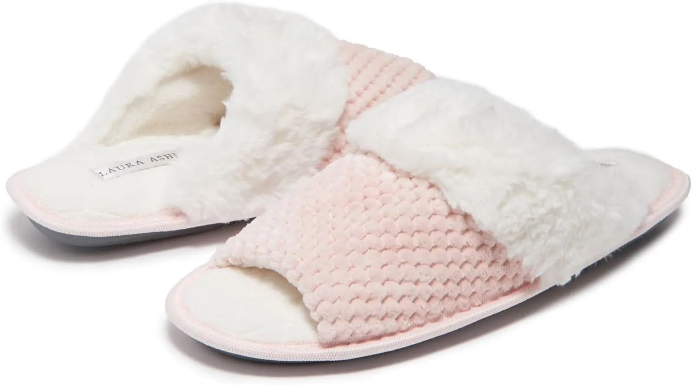 Laura Ashley Ladies Spa Slipper Plush Slide Memory Foam Insole Lightweight & Breathable
