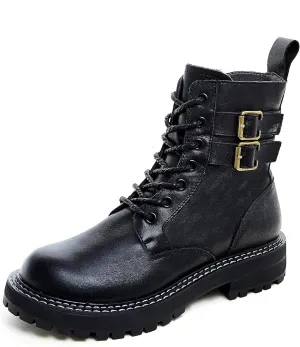 Leather Ankle Boots for Women Lace Up Booties Low Heel