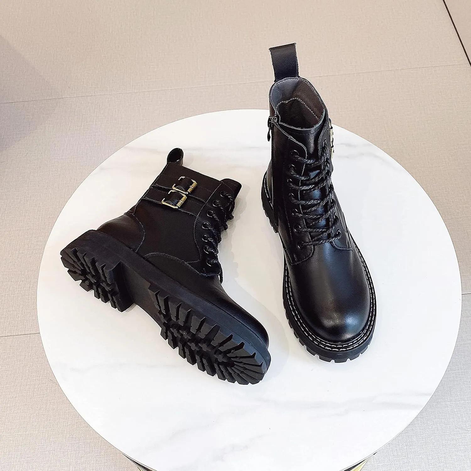 Leather Ankle Boots for Women Lace Up Booties Low Heel