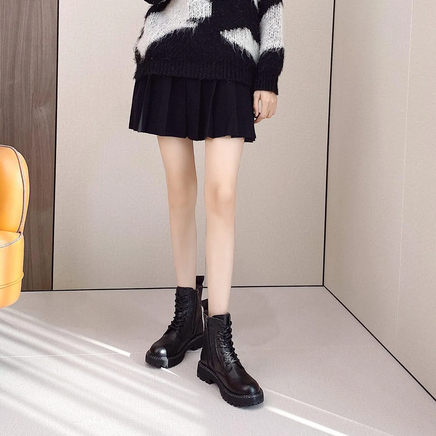 Leather Ankle Boots for Women Lace Up Booties Low Heel