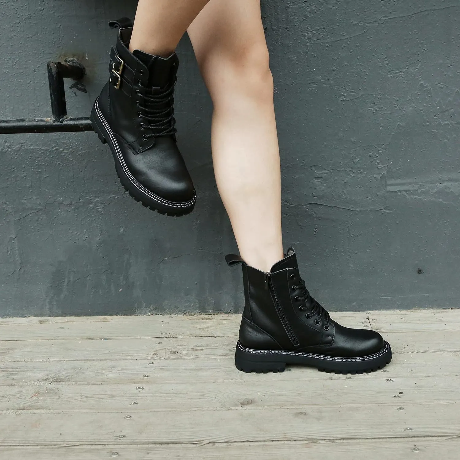 Leather Ankle Boots for Women Lace Up Booties Low Heel