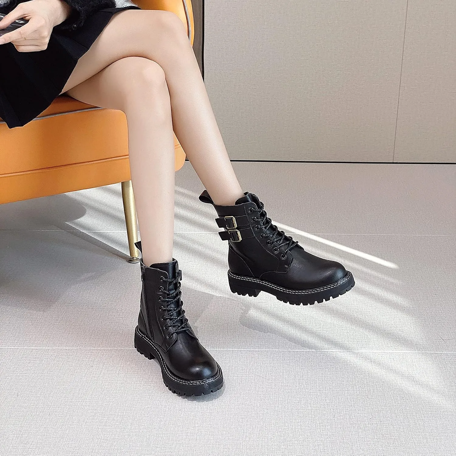 Leather Ankle Boots for Women Lace Up Booties Low Heel