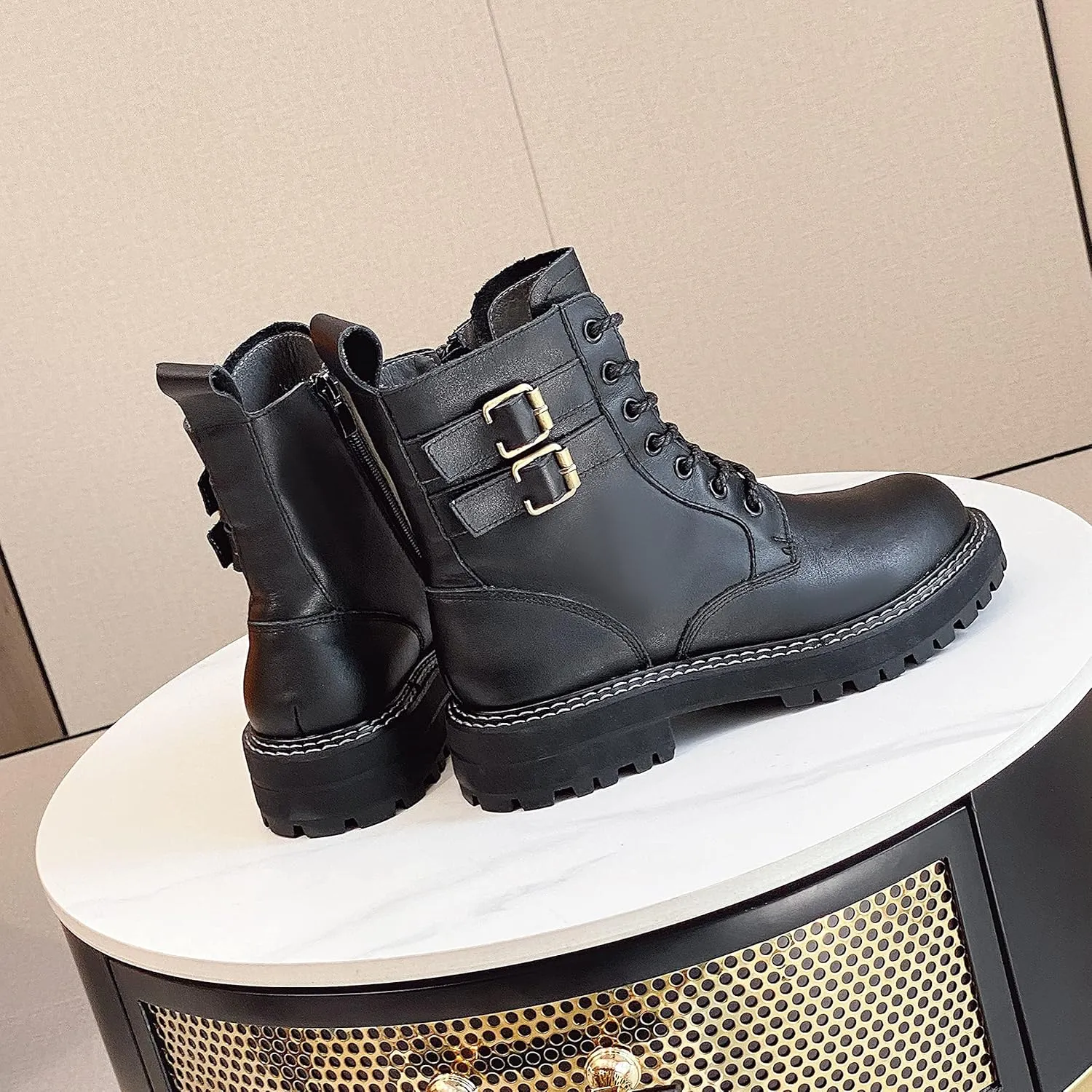 Leather Ankle Boots for Women Lace Up Booties Low Heel