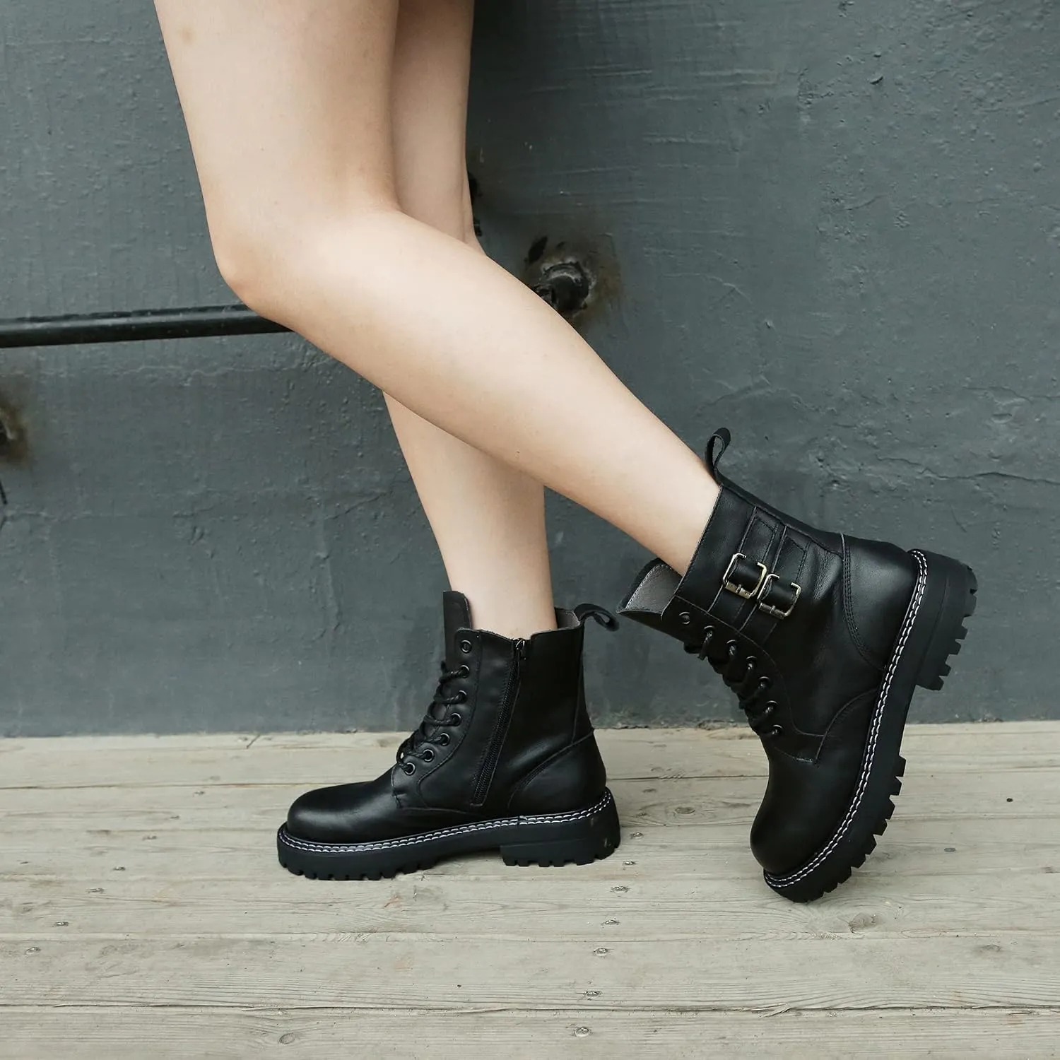 Leather Ankle Boots for Women Lace Up Booties Low Heel