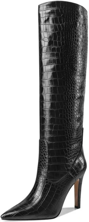 LEMUTISME Women's Classic Pointed Toe Stitchcraft Slouchy Wide Calf Slip On Elegant Stiletto High Heel Knee High Boots
