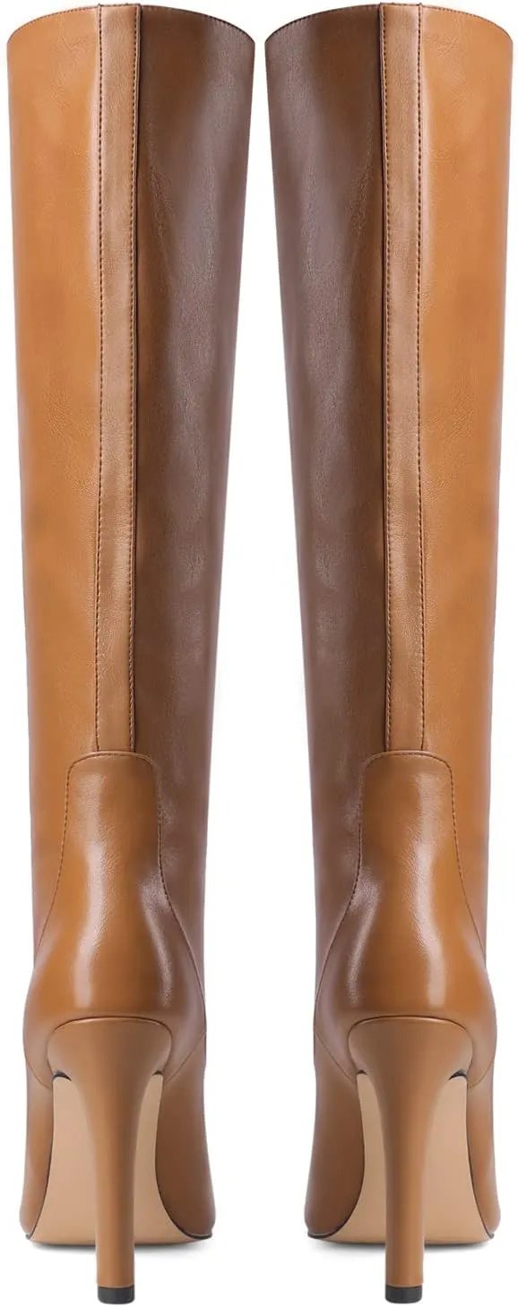 LEMUTISME Women's Classic Pointed Toe Stitchcraft Slouchy Wide Calf Slip On Elegant Stiletto High Heel Knee High Boots
