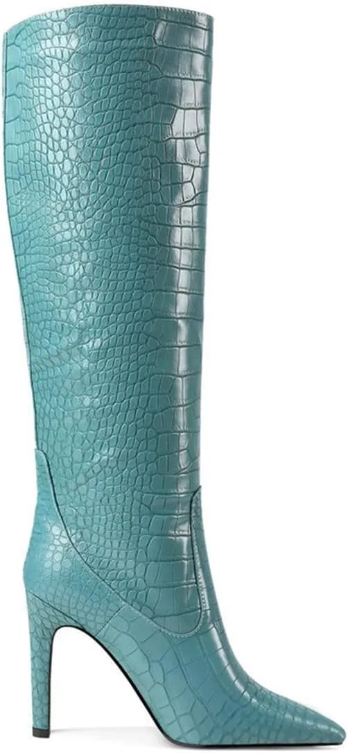 LEMUTISME Women's Classic Pointed Toe Stitchcraft Slouchy Wide Calf Slip On Elegant Stiletto High Heel Knee High Boots