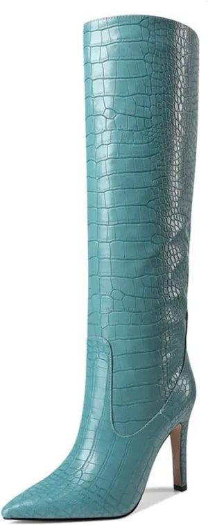 LEMUTISME Women's Classic Pointed Toe Stitchcraft Slouchy Wide Calf Slip On Elegant Stiletto High Heel Knee High Boots