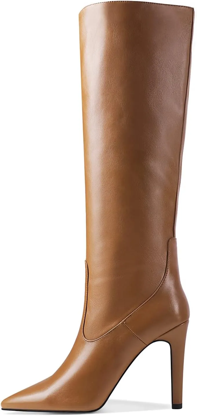 LEMUTISME Women's Classic Pointed Toe Stitchcraft Slouchy Wide Calf Slip On Elegant Stiletto High Heel Knee High Boots