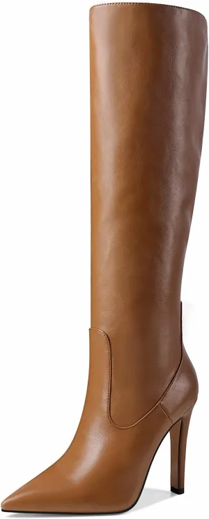 LEMUTISME Women's Classic Pointed Toe Stitchcraft Slouchy Wide Calf Slip On Elegant Stiletto High Heel Knee High Boots