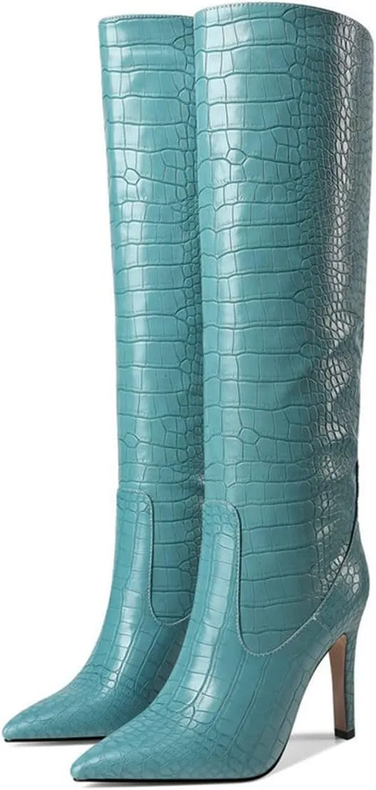 LEMUTISME Women's Classic Pointed Toe Stitchcraft Slouchy Wide Calf Slip On Elegant Stiletto High Heel Knee High Boots