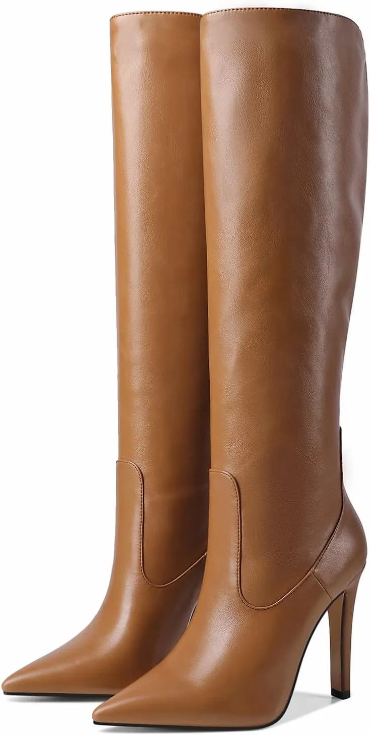LEMUTISME Women's Classic Pointed Toe Stitchcraft Slouchy Wide Calf Slip On Elegant Stiletto High Heel Knee High Boots