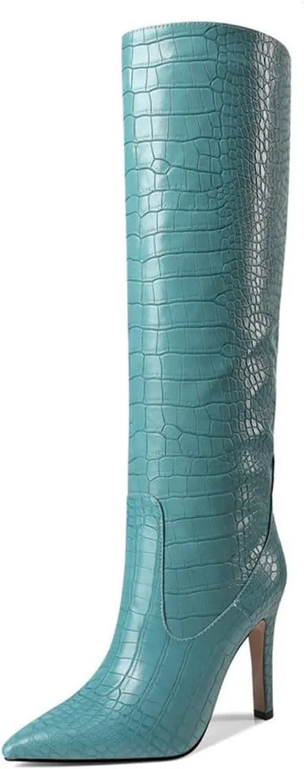 LEMUTISME Women's Classic Pointed Toe Stitchcraft Slouchy Wide Calf Slip On Elegant Stiletto High Heel Knee High Boots