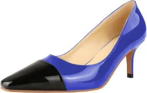 LEMUTISME Women's Fashion Patent Leather Square Cap Toe Elegant Two-Tone Slip On Low Kitten Heel Dress Pumps for Work Party Wedding