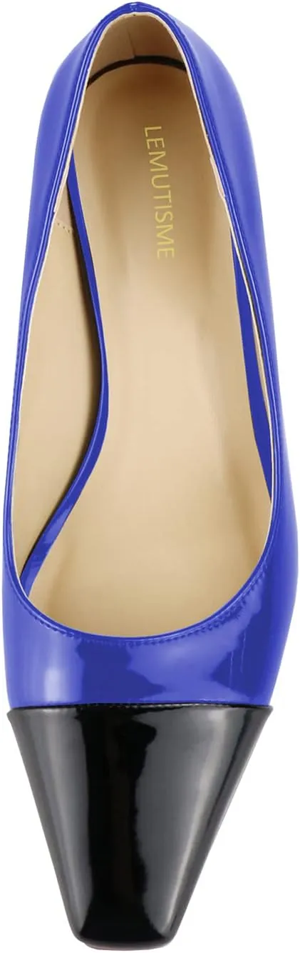 LEMUTISME Women's Fashion Patent Leather Square Cap Toe Elegant Two-Tone Slip On Low Kitten Heel Dress Pumps for Work Party Wedding