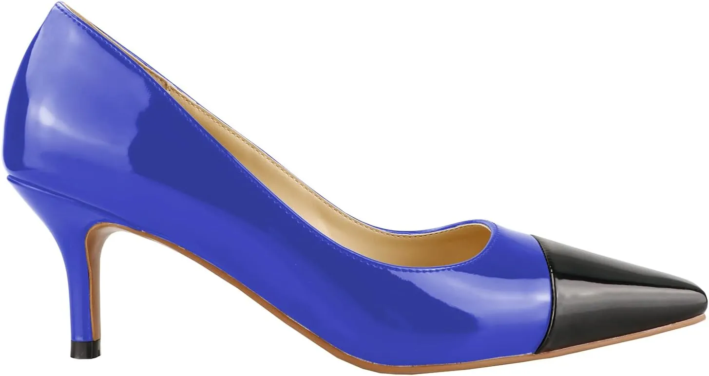 LEMUTISME Women's Fashion Patent Leather Square Cap Toe Elegant Two-Tone Slip On Low Kitten Heel Dress Pumps for Work Party Wedding