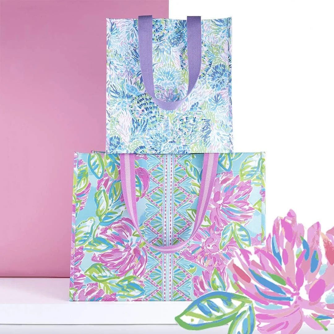 Lilly Pulitzer Pink/Green XL Market Shopper Bag, Oversize Reusable Grocery Tote with Comfortable Shoulder Straps, Totally Blossom