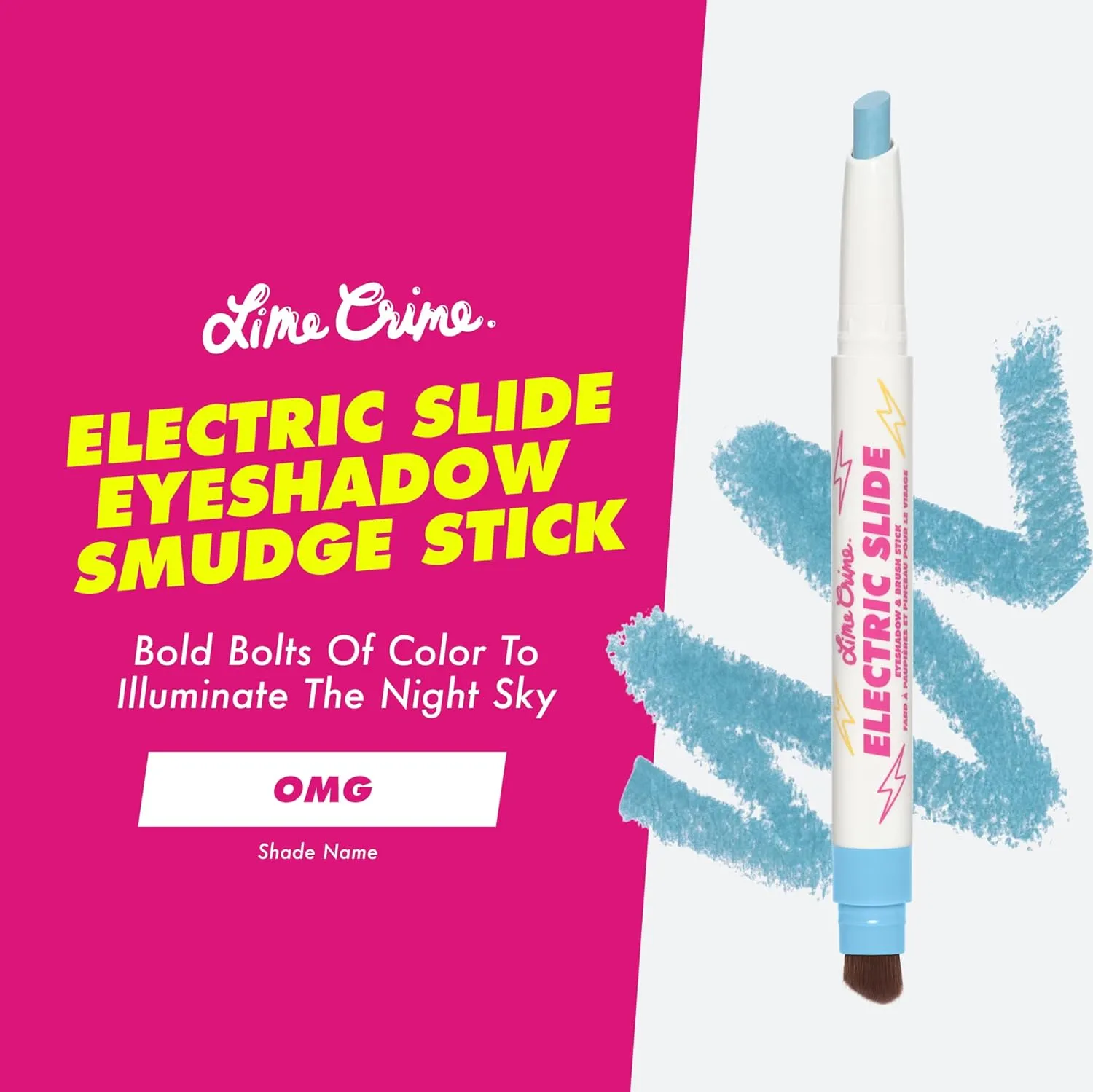 Lime Crime Electric Slide Eyeshadow & Brush Stick, OMG - Lightweight 2-in-1 Eyeshadow Smudge Stick with Angled Brush for Long Lasting & Natural Color or Glow - Vegan & Cruelty-Free
