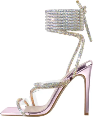 LISHAN Women's Slim High Heel Stilettos Rhinestone Glitter Crystal Sandals