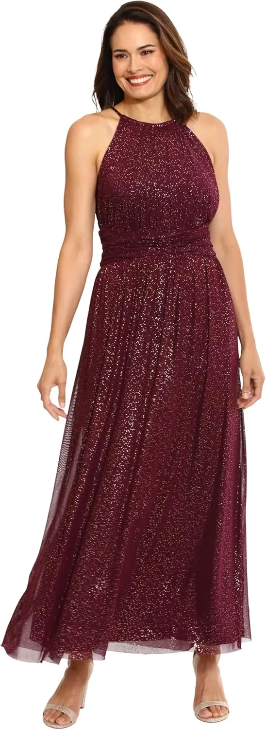 London Times Women's Mesh Halter Maxi with Ruched Waistband Event Guest of Occasion Garden Party