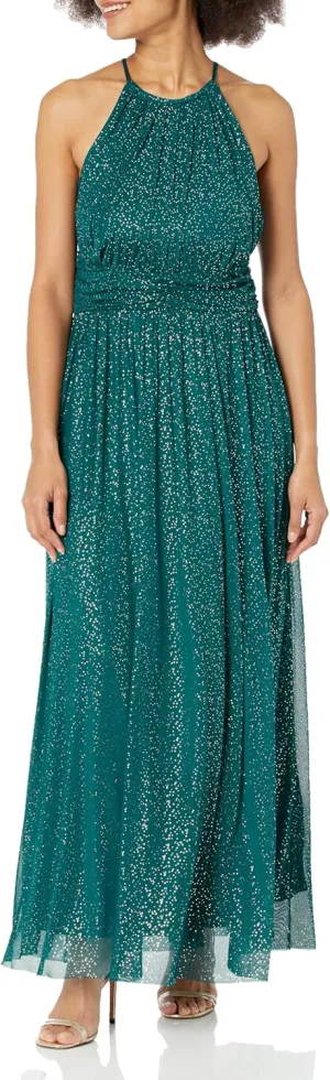 London Times Women's Mesh Halter Maxi with Ruched Waistband Event Guest of Occasion Garden Party