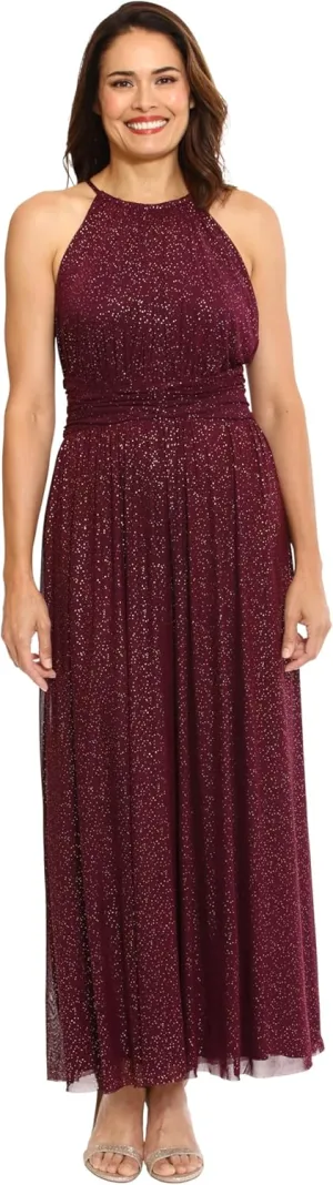 London Times Women's Mesh Halter Maxi with Ruched Waistband Event Guest of Occasion Garden Party