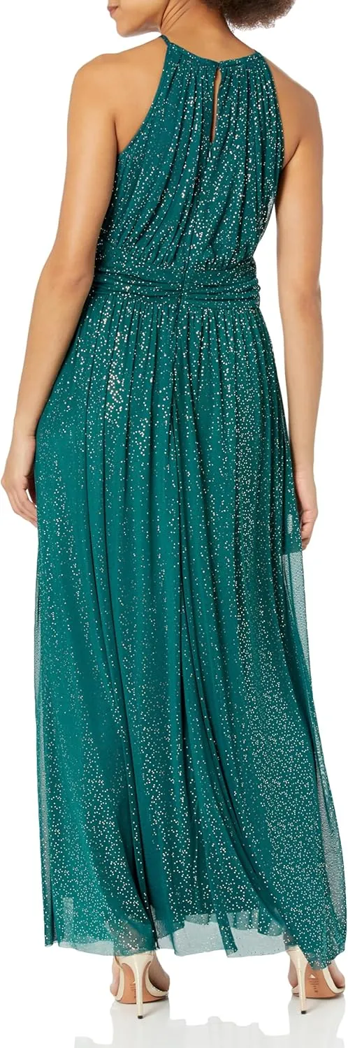London Times Women's Mesh Halter Maxi with Ruched Waistband Event Guest of Occasion Garden Party