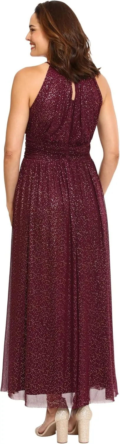 London Times Women's Mesh Halter Maxi with Ruched Waistband Event Guest of Occasion Garden Party