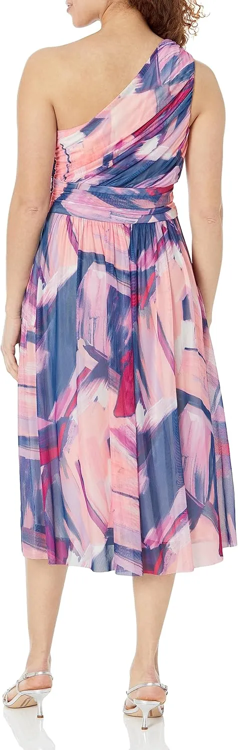 London Times Women's Ruched One Shoulder Mesh Midi Dress Guest of Occasion Wedding Event