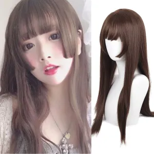 Long Brown Straight Wig with Bangs with Bangs Natural Synthetic Heat Resistant Fiber Hair Wig for Daily Cosplay Use