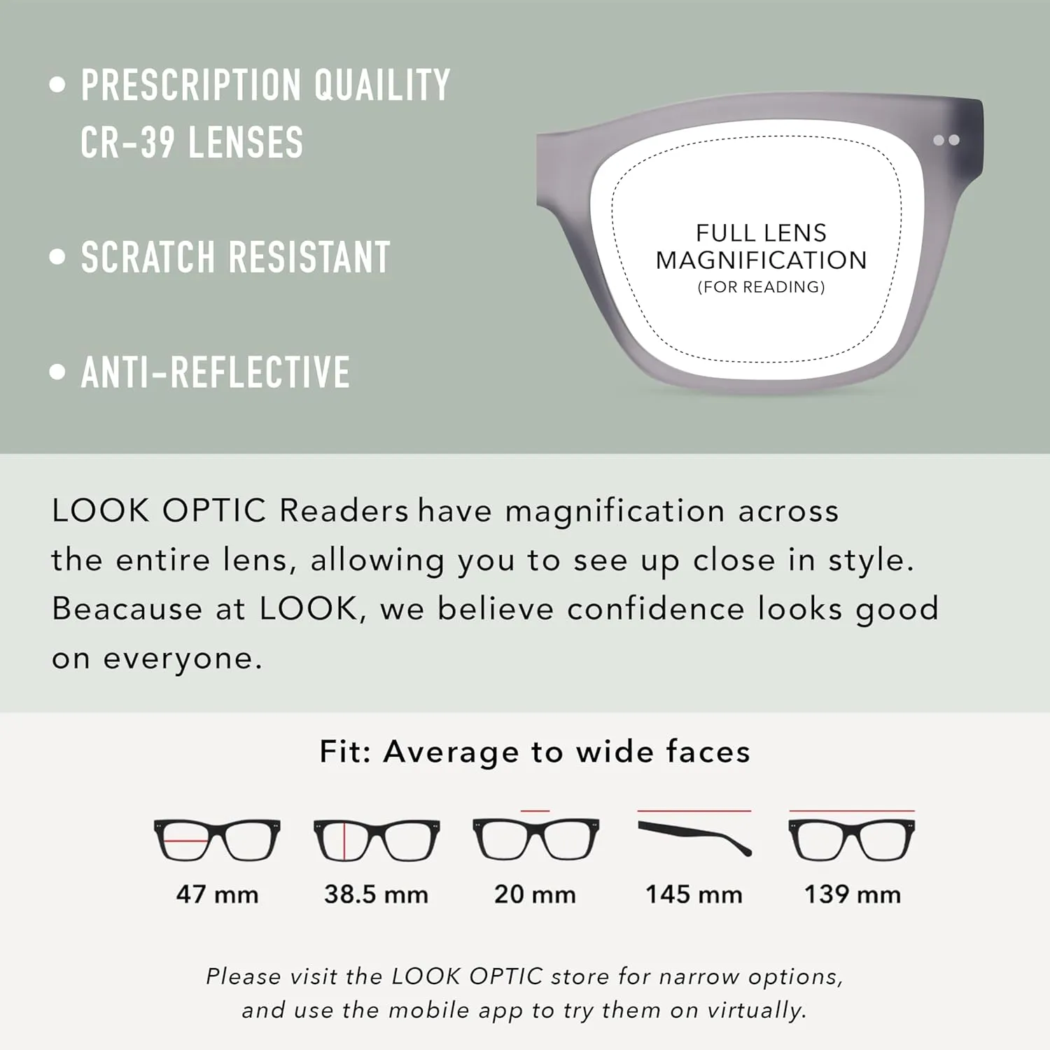 LOOK OPTIC Cosmo Reader-Lightweight Full Magnification Reading Glasses with Scratch-Resistant Anti-Reflective Lenses
