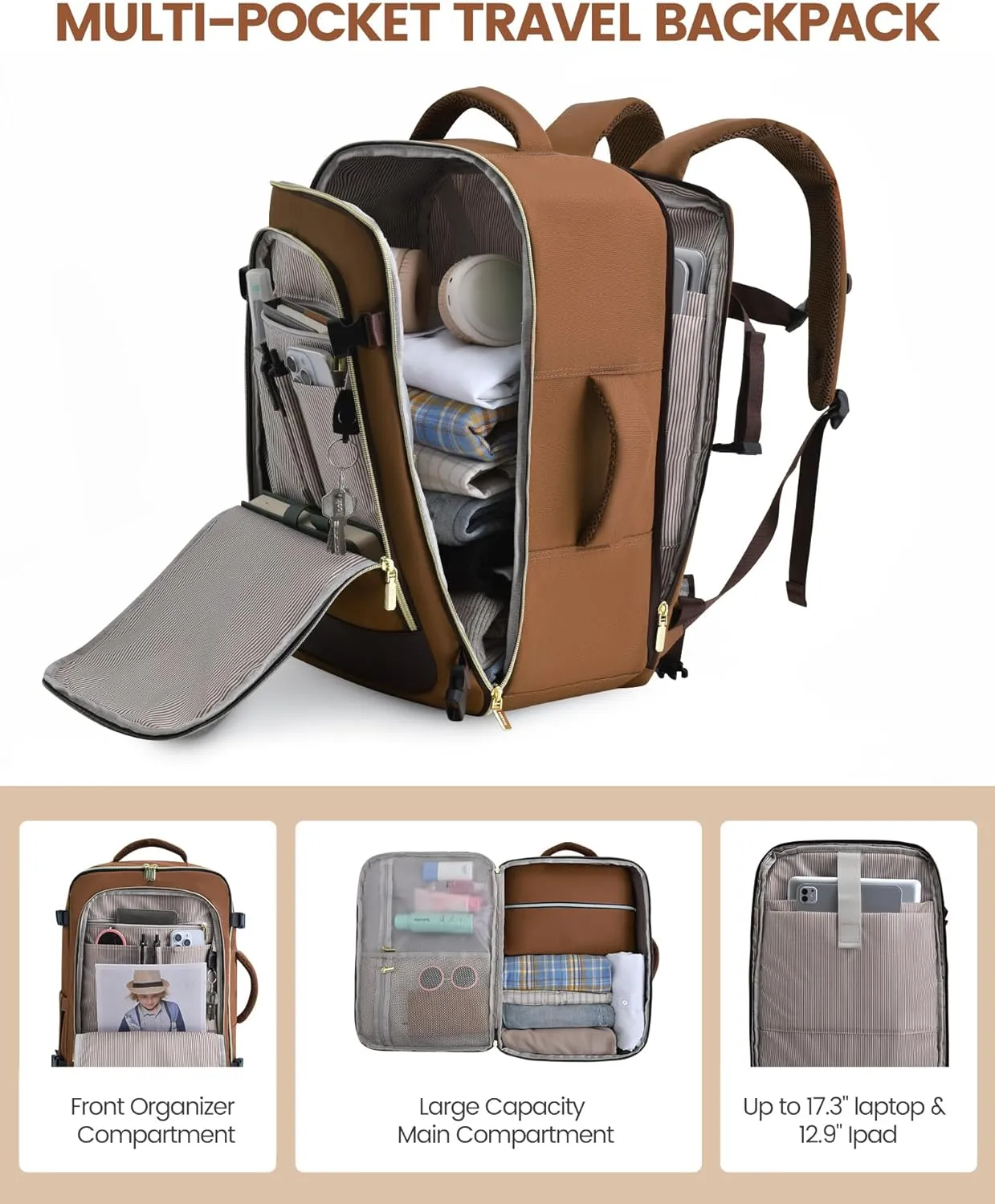 LOVEVOOK Travel Backpack for Women, 40L Carry On Backpack Flight Approved, Large Personal Item Bag Fits 17 inch Laptop, TSA Approved Luggage with 3 Packing Cubes,Waterproof Weekender Gym Essentials