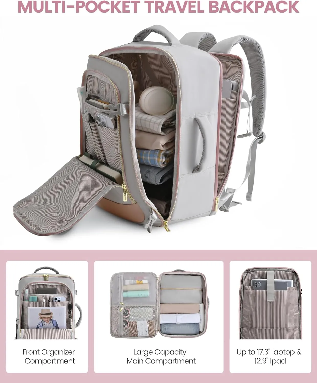 LOVEVOOK Travel Backpack for Women, 40L Carry On Backpack Flight Approved, Large Personal Item Bag Fits 17 inch Laptop, TSA Approved Luggage with 3 Packing Cubes,Waterproof Weekender Gym Essentials