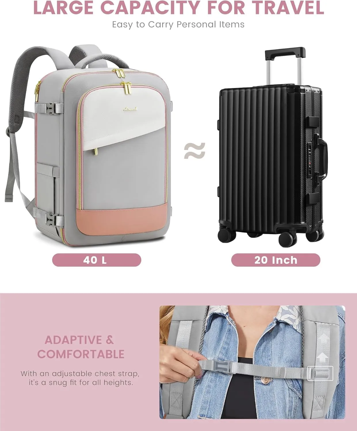 LOVEVOOK Travel Backpack for Women, 40L Carry On Backpack Flight Approved, Large Personal Item Bag Fits 17 inch Laptop, TSA Approved Luggage with 3 Packing Cubes,Waterproof Weekender Gym Essentials