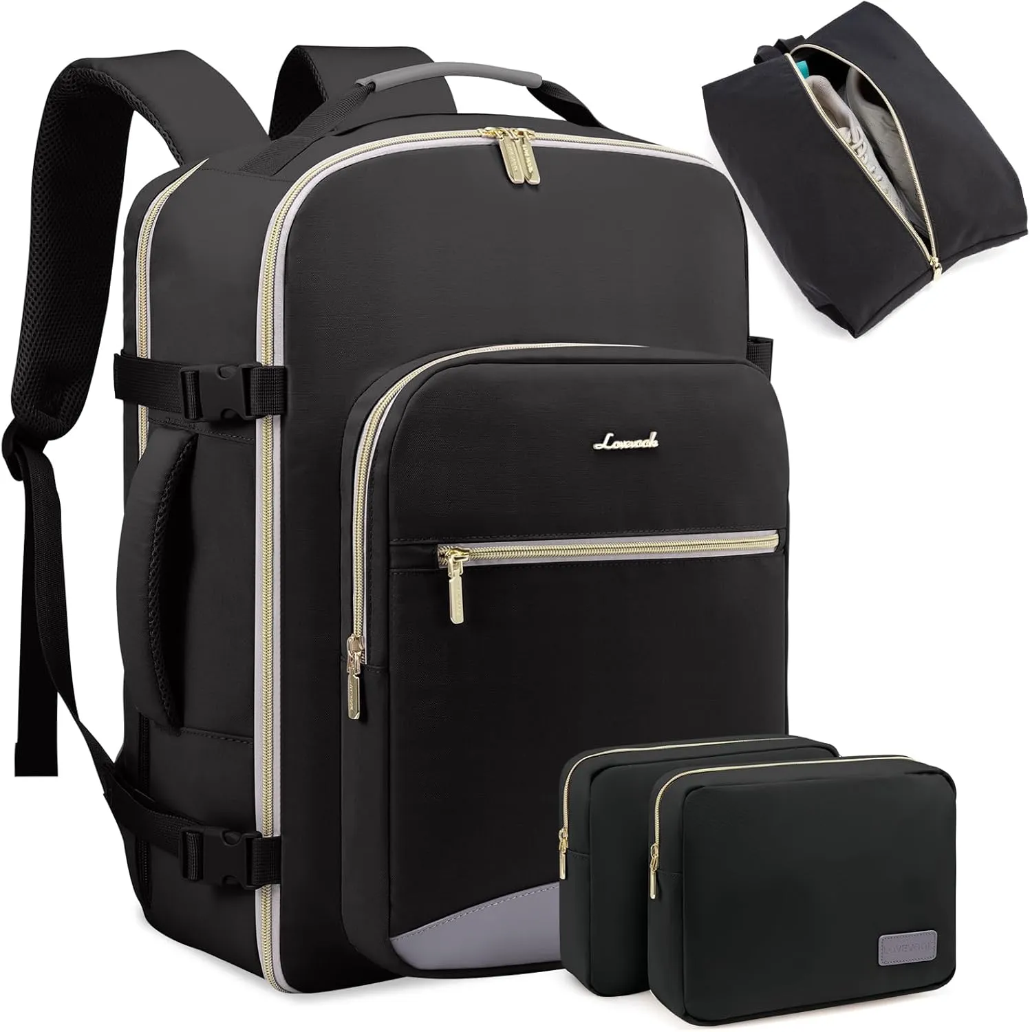 LOVEVOOK Travel Backpack for Women Men as Personal Item Flight Approved, 40L Luggage Carry On Backpack, 17.3inch Large Daypack Laptop Backpack Waterproof Outdoor Sports with 3 Packing Cubes,Black-Grey