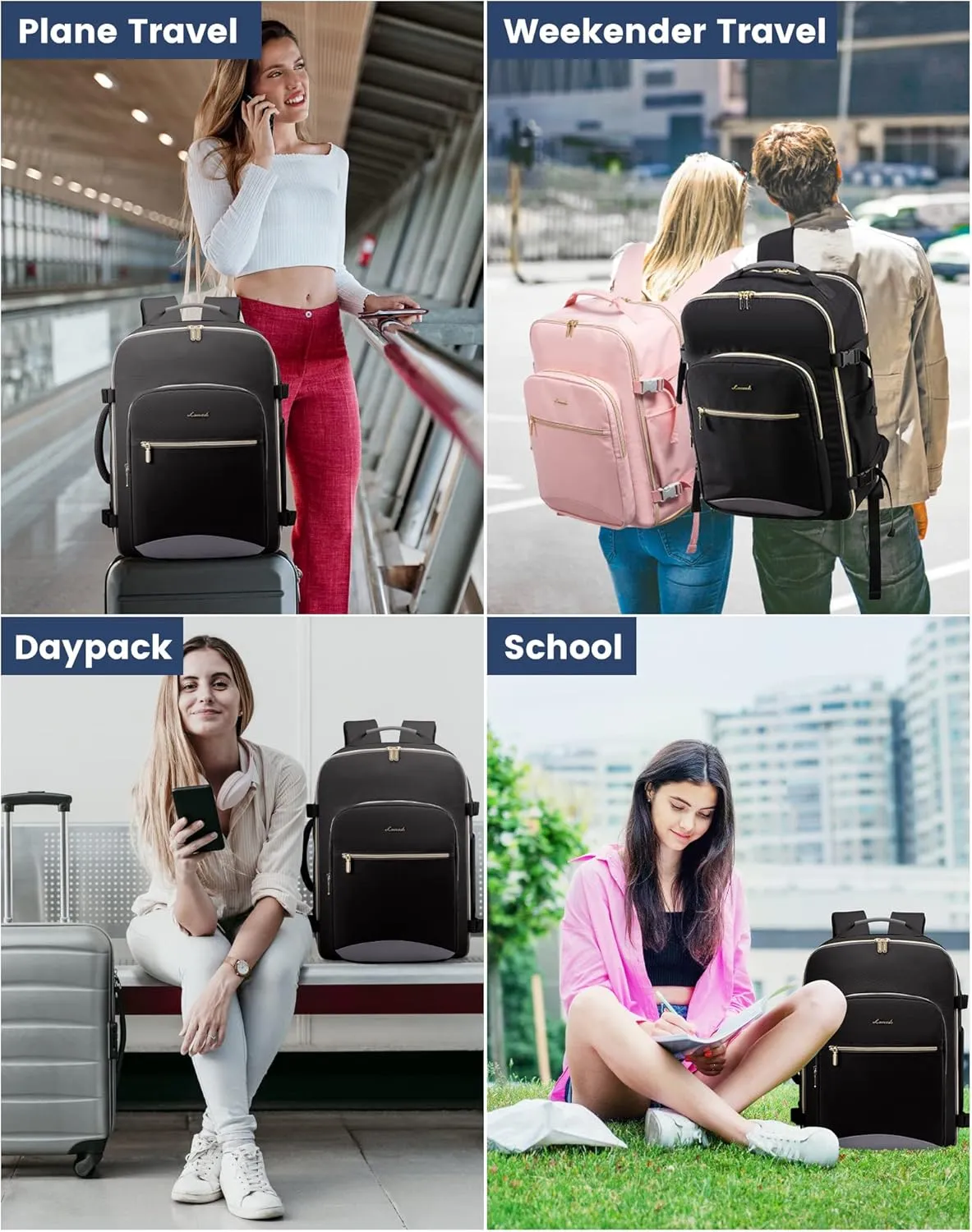LOVEVOOK Travel Backpack for Women Men as Personal Item Flight Approved, 40L Luggage Carry On Backpack, 17.3inch Large Daypack Laptop Backpack Waterproof Outdoor Sports with 3 Packing Cubes,Black-Grey