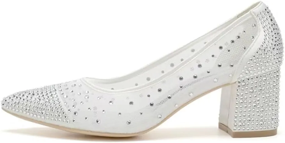 Low Block Heel Wedding Shoes for Bride - Closed Toe Glitter Bridal Beaded Evening Footwear