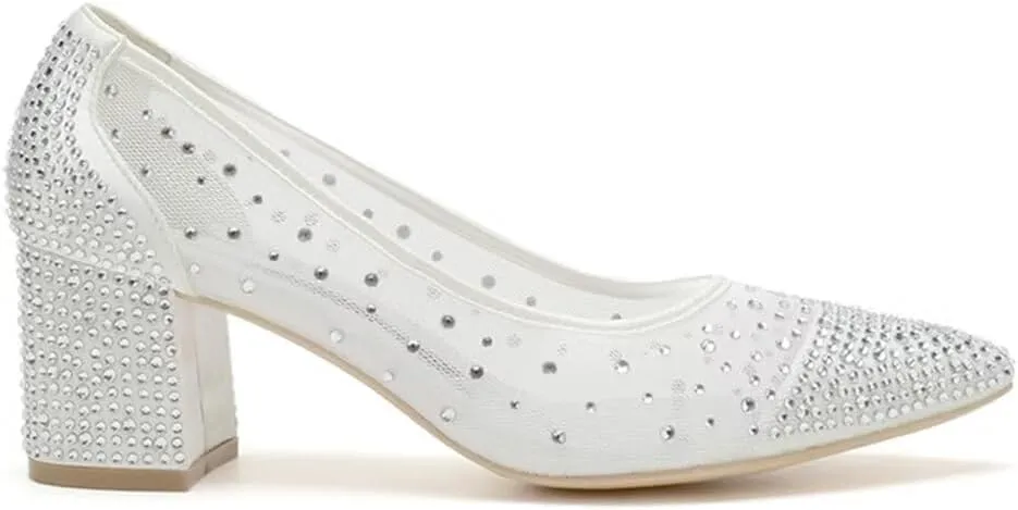 Low Block Heel Wedding Shoes for Bride - Closed Toe Glitter Bridal Beaded Evening Footwear