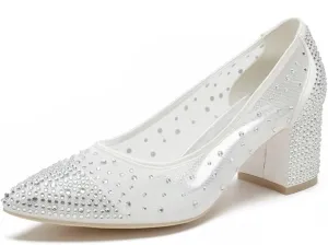 Low Block Heel Wedding Shoes for Bride - Closed Toe Glitter Bridal Beaded Evening Footwear