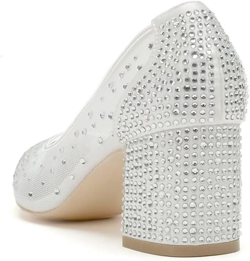 Low Block Heel Wedding Shoes for Bride - Closed Toe Glitter Bridal Beaded Evening Footwear