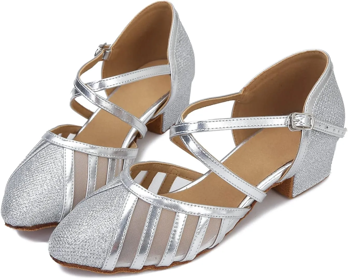 Low Heel Ballroom Dance Shoes Women Latin Salsa Wedding Practice Dancing Shoes Sparkle Comfortable Closed Toe Dance Heels 1.5inch