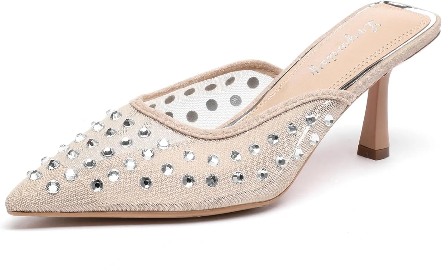 Lryweisy Mesh Heels Backless for Women Glitter Kitten Heel with Rhinestone Pumps